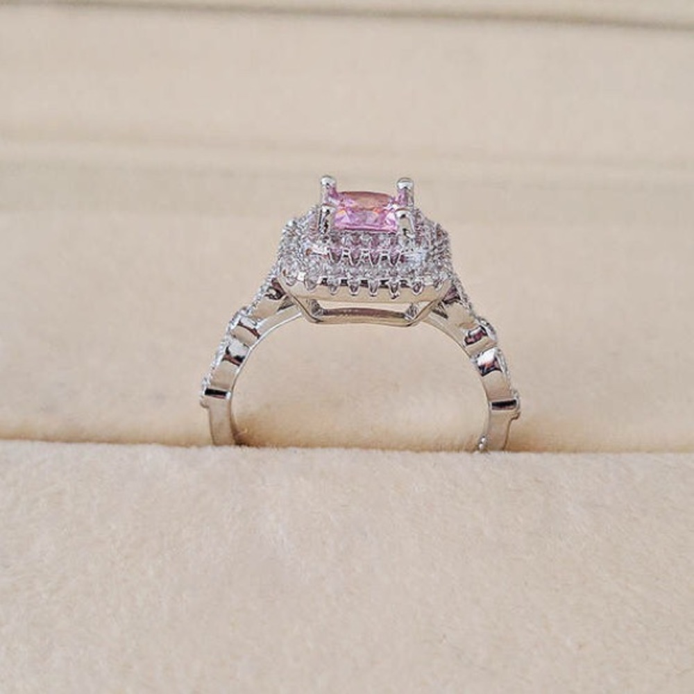 NEW Silver Pink Princess Cut Double Halo Ring - Picture 8 of 8